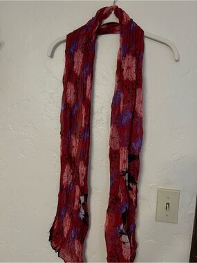 Furla Silk Red Floral Lightweight Scarf with Pink and Purple Blooms